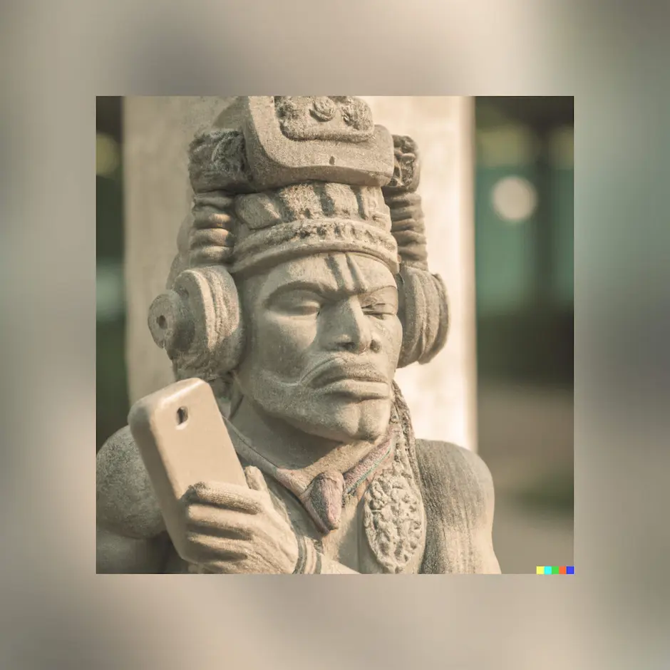 Staty Aztec med mobil i handen som är skapad med DALLE-2