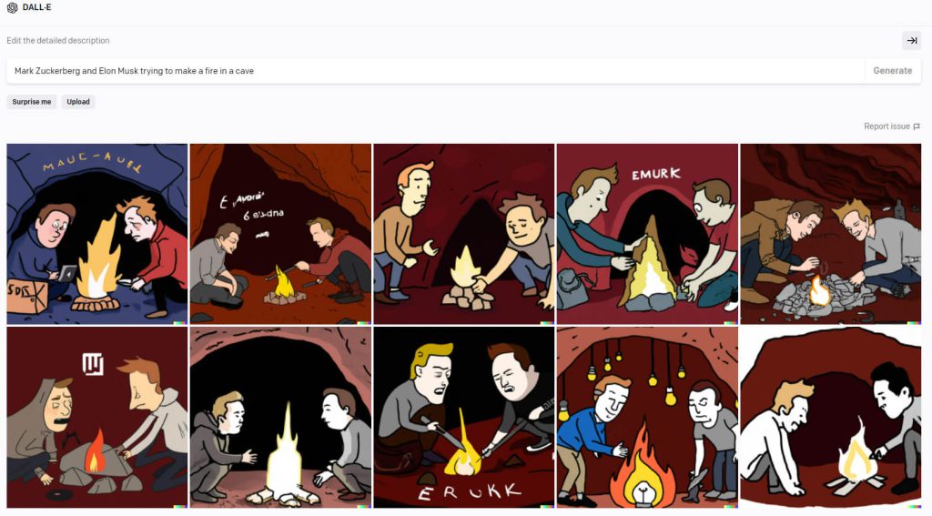  Bilder skapade med DALLE-2 och frasen "Mark Zuckerberg and Elon Musk trying to make a fire in a cave"