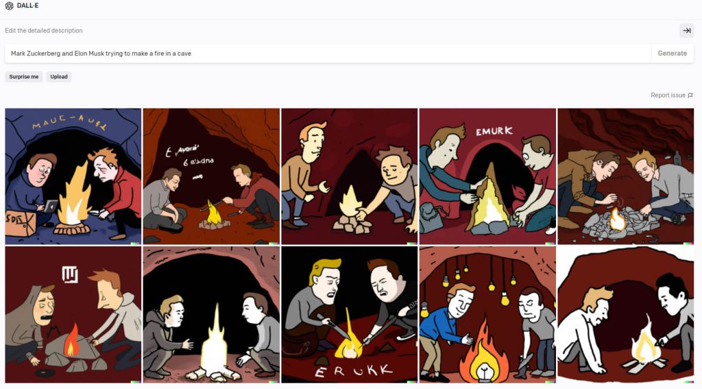 Bilder skapade med DALLE-2 och frasen "Mark Zuckerberg and Elon Musk trying to make a fire in a cave"