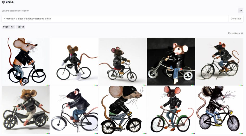 Bilder skapade med DALLE-2 och frasen "A mouse in a black leather jacket riding a bike"