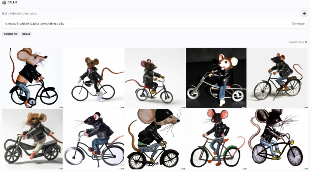 Bilder skapade med DALLE-2 och frasen "A mouse in a black leather jacket riding a bike"