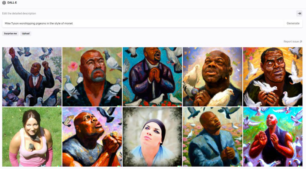 Bilder skapade med DALLE-2 och frasen "Mike Tyson worshipping pigeons in the style of monet"